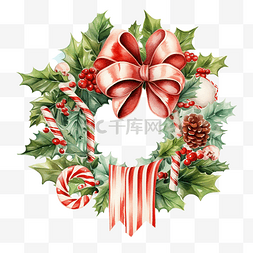 拐杖手图片_带礼品盒和拐杖糖的圣诞冬青花环