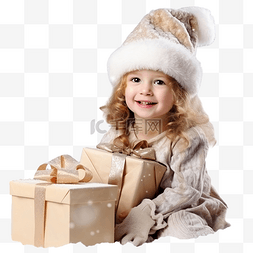 孩子和圣诞树图片_戴帽子的漂亮小女孩在礼物和圣诞