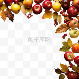 旧木桌上的苹果和秋叶的边界