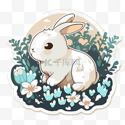 小白兔贴纸图片_花丛中的小白兔是贴纸 向量