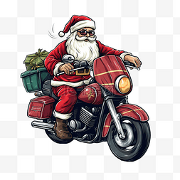 手绘风格的圣诞老人骑摩托车送圣