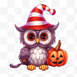 符號图片_可爱的猫头鹰在女巫帽子与糖果手