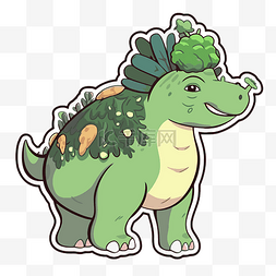 恐龙贴纸图片_穿着绿叶蔬菜的恐龙贴纸 向量