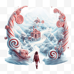 童话森林城堡图片_幻想风景插画，梦想女孩拿着圣诞