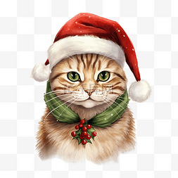 鼠贺卡图片_可爱的棕色猫戴着圣诞老人红帽子