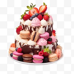 日生日图片_蛋糕水果和马卡龙均配有花卉装饰