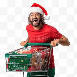 红色的购物车图片_戴着圣诞帽和格子呢衬衫的家伙，