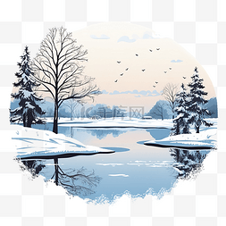 冬季树木和冰冻湖泊的冬季风景插