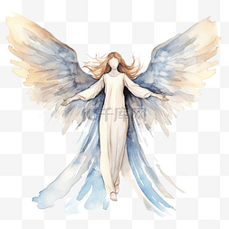 喜庆蓝色背景图片_带翅膀的天使水彩插图