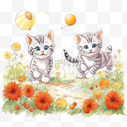 黄南瓜草间弥生图片_阳光明媚的日子，有趣的小猫在花