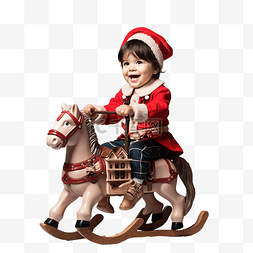 微笑着的小男孩图片_穿着圣诞老人服装的小男孩骑着摇
