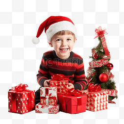 微笑的男孩与女孩图片_圣诞节小男孩与圣诞装饰摆件和礼