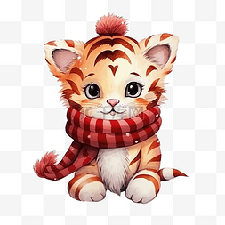 戴着红领巾的可爱小老虎圣诞插画