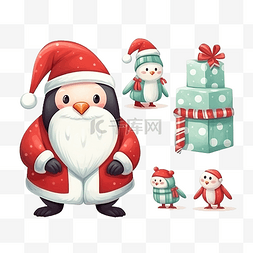 圣诞卡通无缝图案与企鹅和圣诞老