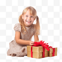 可愛框图片_可爱的金发小女孩打开圣诞礼物盒