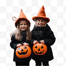 秋季活动装饰图片_男孩和女孩与自制的万圣节南瓜灯