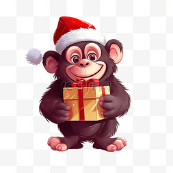 圣诞节时带着礼物的卡通黑猩猩动