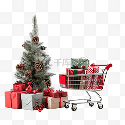 圣诞車图片_带有购物车和礼品盒的圣诞组合物