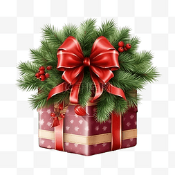 圣诞节复古礼盒图片_圣诞现实主义网状礼盒，圣诞树枝