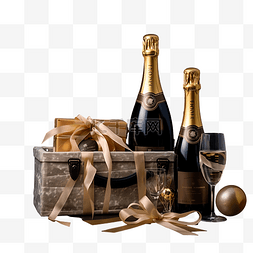 浪漫惊喜礼物图片_圣诞礼物篮，配有香槟和黑色礼物