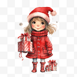 拉礼物的圣诞老人图片_一手拉可爱的女孩，穿着红色外套