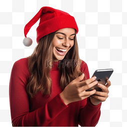 圣诞节手机图片_戴着圣诞老人红帽子的快乐女孩在