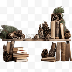 英语教科版图片_旧木架上有书籍和圣诞树，上面有