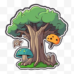 树木贴纸图片_蘑菇森林贴纸与树木剪贴画 向量