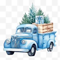 圣诞快乐蓝色海报图片_有松树和礼品盒的水彩蓝色圣诞卡