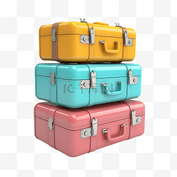 游客休息图片_三个彩色手提箱，带标签 3d 插图