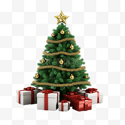 圣诞节松树装饰图片_圣诞松树装饰与一些礼物 3D 插图
