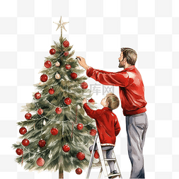 圣诞儿子图片_父亲和儿子在红色圣诞树上挂了装