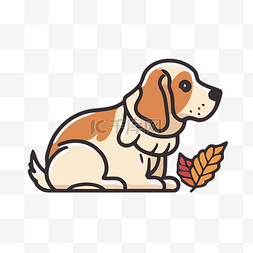 白色背景上带叶子的可爱小猎犬 