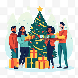 卡通圣诞树矢量图图片_不同的人有彩色礼品盒和圣诞树矢