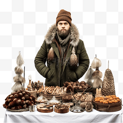 里加圣诞市场上毛皮制品的男性卖
