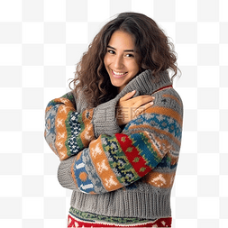 拉丁女性拥抱她的圣诞丑陋毛衣 sa
