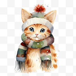 戴着帽子的猫图片_水彩艺术卡通圣诞猫戴着帽子和围