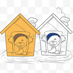 动物与房子图片_儿童着色书插图黄色狗房子与名字
