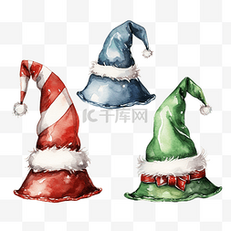 关于小帽子的图片_圣诞帽子套装水彩插画矢量精灵帽