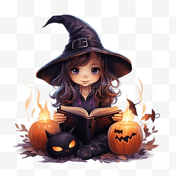 万圣巫帽图片_万圣节小女巫阅读在锅上召唤童年