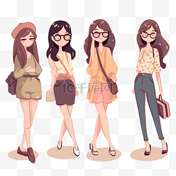 年轻女性剪贴画四个穿着不同衣服