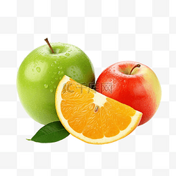绿色和红色的苹果和橙片水果分离