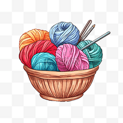 一篮子彩色纱线和织针的插图