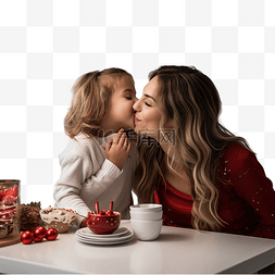 父母亲吻孩子图片_圣诞节时，女孩坐在家里的厨房桌