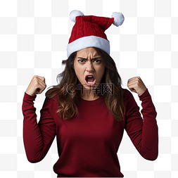 疯狂的女人图片_戴着圣诞帽戴着孤立的蓝色帽子的