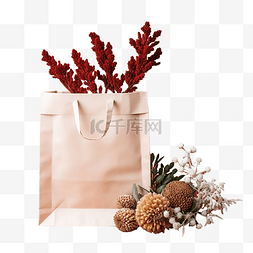 带礼物和自然装饰的圣诞纸袋，适