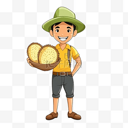 土地农民图片_拿着榴莲的农夫农业卡通人物插图