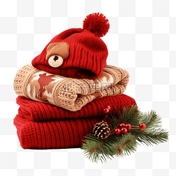 一堆温暖的针织衣服和圣诞装饰品