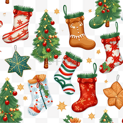 圣诞无缝图案新年装饰姜饼树雪橇