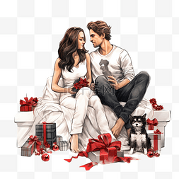 热吻情侣图片_男孩和女孩坐在床上，上面有圣诞